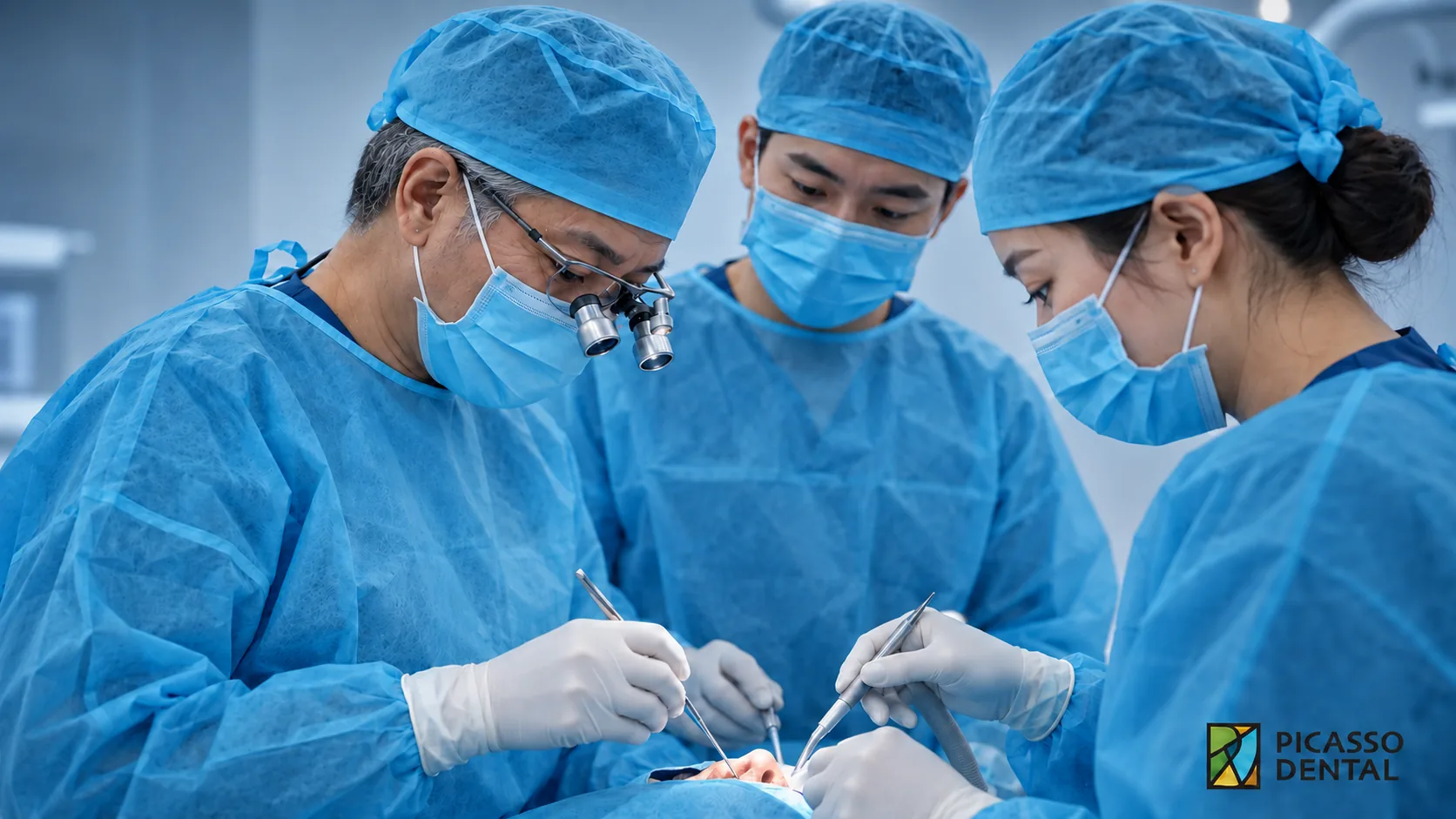 Picasso Dental surgeon in loupes placing a dental implant with two assisting clinicians in a sterile operating theatre, Vietnam