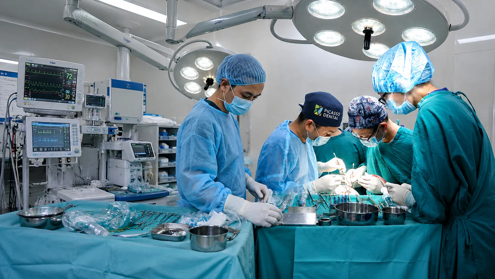 Picasso Dental specialist surgical team placing dental implants under theatre lights, Vietnam