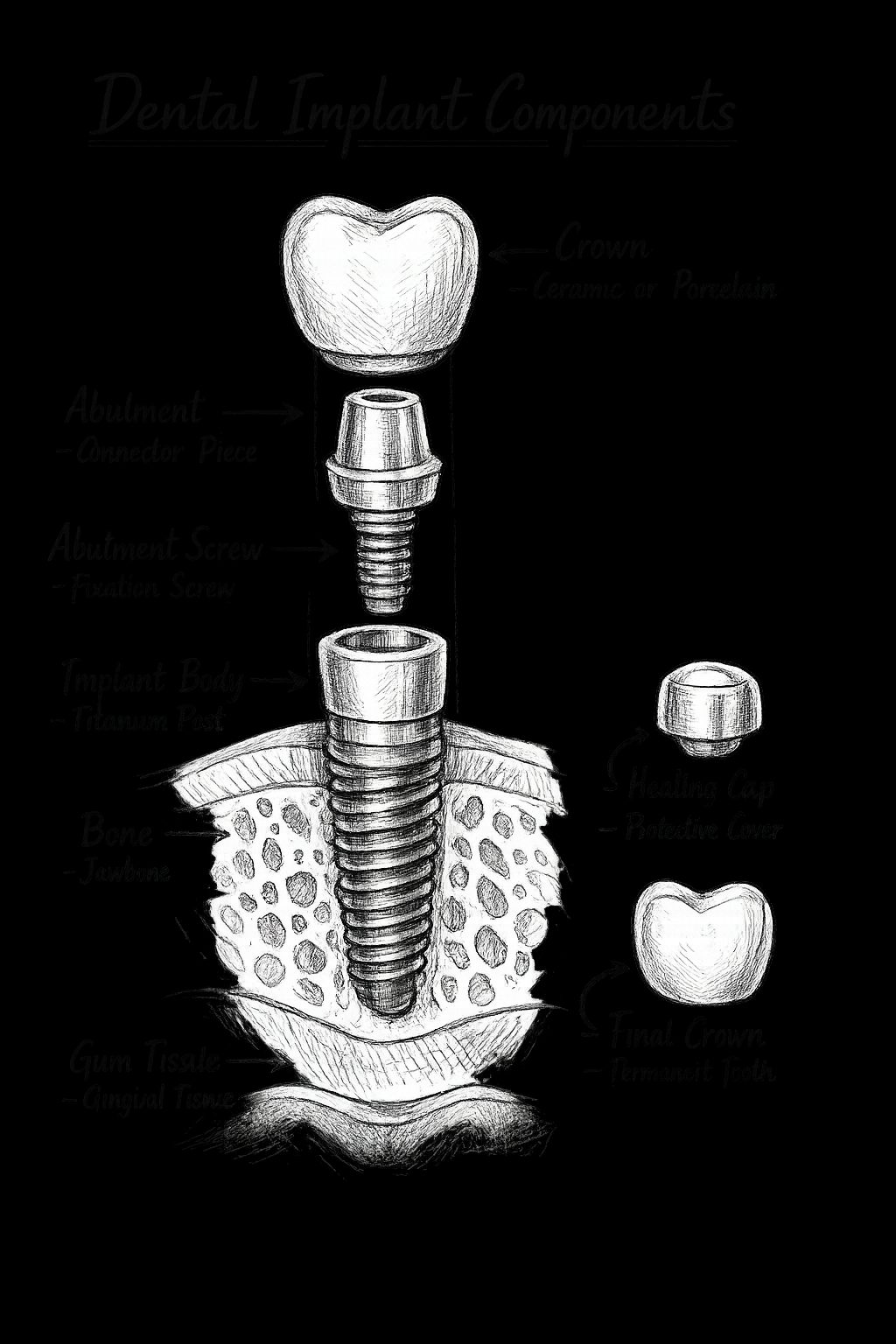 Hand-drawn diagram of the three components of a dental implant: the titanium fixture placed in the jawbone, the abutment that connects fixture to crown, and the porcelain crown that replaces the visible tooth